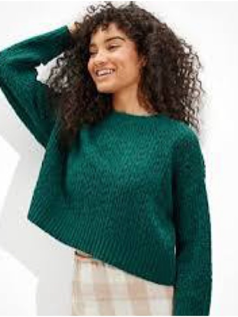 American Eagle Cropped Pointelle Sweater Green Chenille Open Knit Large